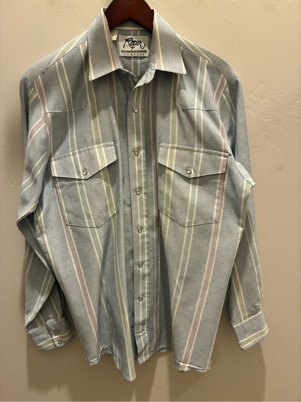 Vintage 80s 90s Roper Men's Pale Blue Striped Button-Down Shirt size M